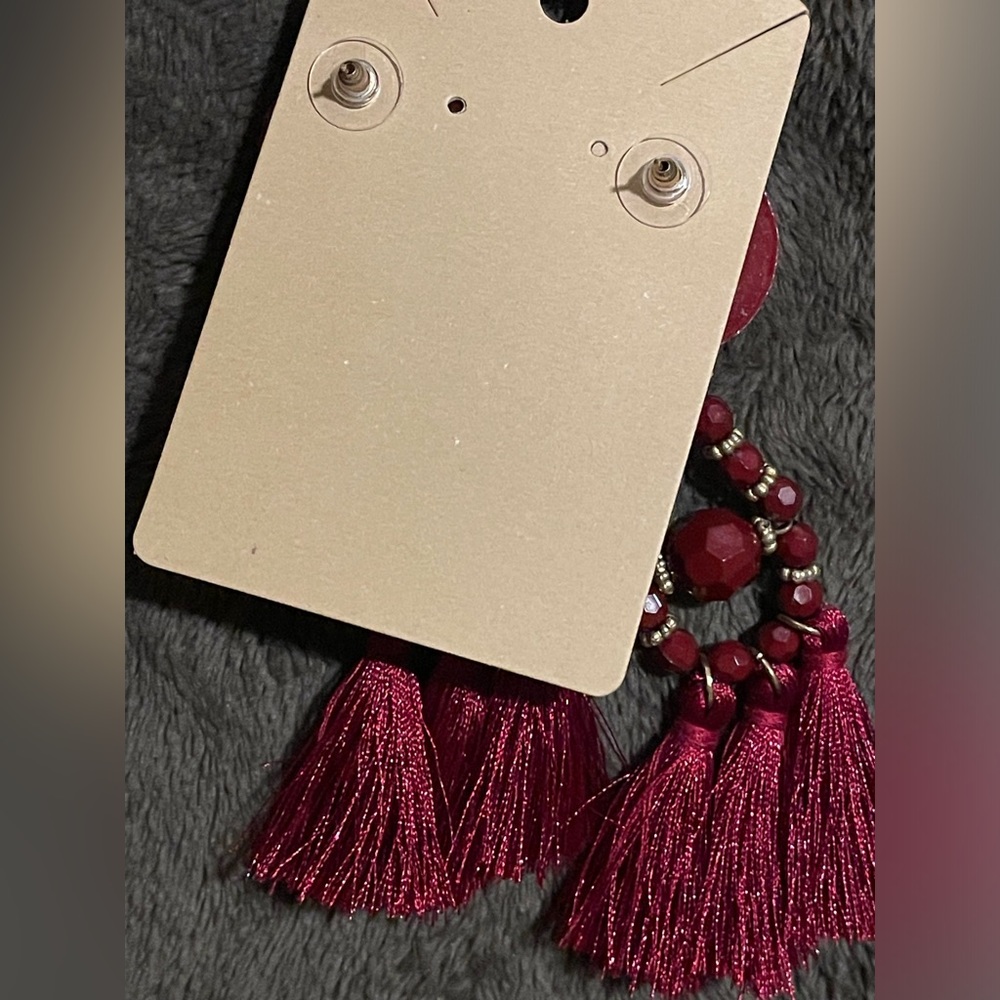 Bohemian style bead and tassel earrings - NWT - red and gold 4” and lightweight - Picture 2 of 4